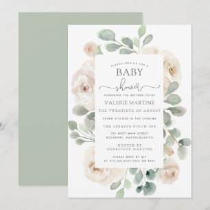 White Rose Floral Botanical Baby shower Kaart