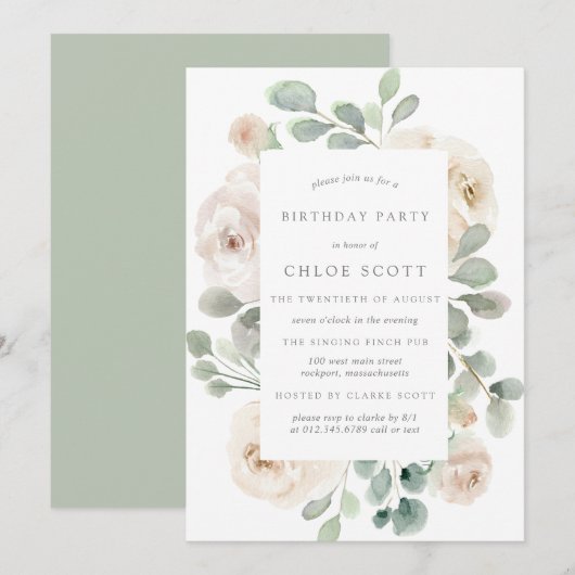 White Rose Floral Botanical Birthday Kaart (Voorkant / Achterkant)