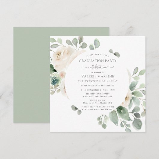 White Rose Floral Botanical Graduparty Kaart (Voorkant / Achterkant)