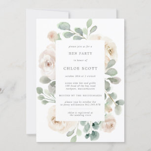 White Rose Floral Botanical Hen Party Invite Kaart
