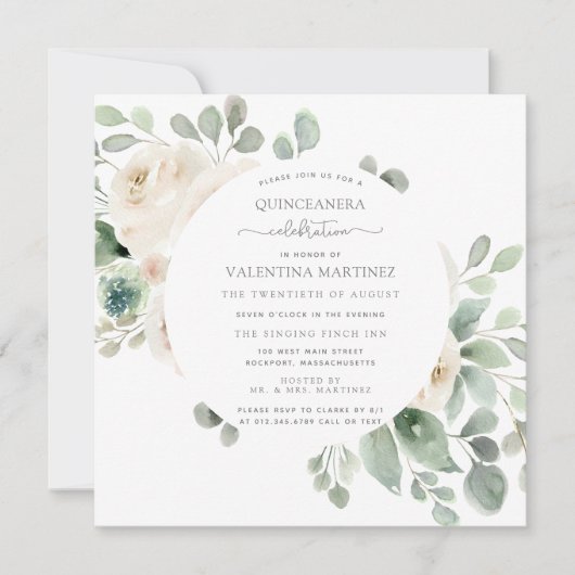 White Rose Floral Botanical Quinceanera Invitation Kaart (Voorkant)