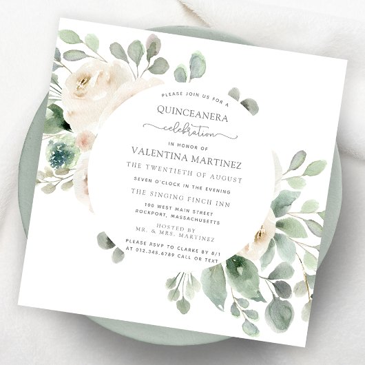 White Rose Floral Botanical Quinceanera Invitation Kaart