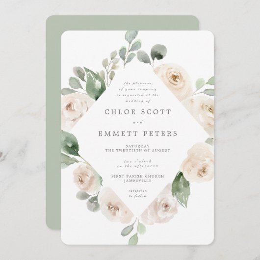 White Rose Floral Botanical Wedding Invitation Kaart (Voorkant / Achterkant)