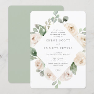 White Rose Floral Botanical Wedding Invitation Kaart