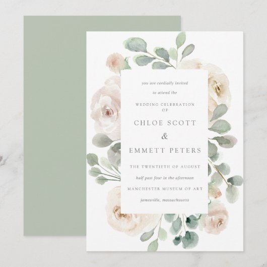 White Rose Floral Botanical Wedding Invitation Kaart (Voorkant / Achterkant)