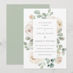 White Rose Floral Botanical Wedding Invitation Kaart