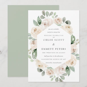 White Rose Floral Botanical Wedding Invitation Kaart