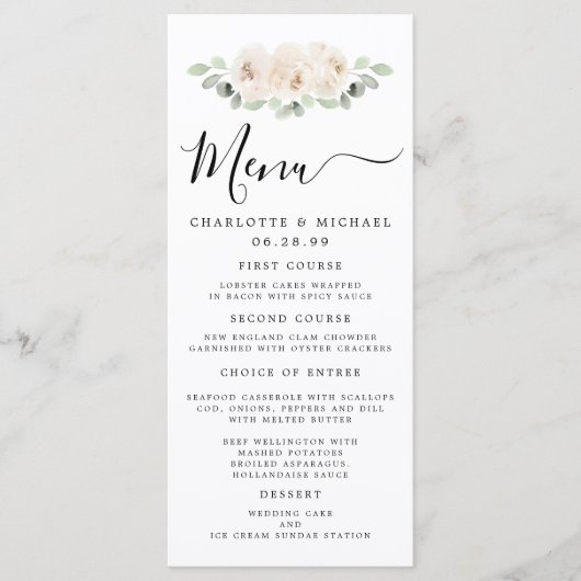 White Rose Floral Botanical Wedding Menu Kaart (Voorkant)