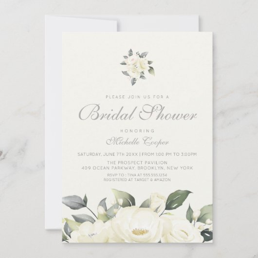White Rose Floral Bridal Shower Invitation Kaart (Voorkant)