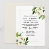 White Rose Floral Cream Wedding Invitation Kaart (Voorkant / Achterkant)