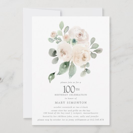 White Rose Floral Eucalyptus 100th Birthday Party Kaart (Voorkant)