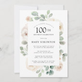White Rose Floral Eucalyptus 100th Birthday Party Kaart (Voorkant)