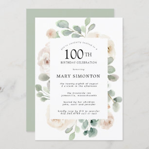 White Rose Floral Eucalyptus 100th Birthday Party Kaart