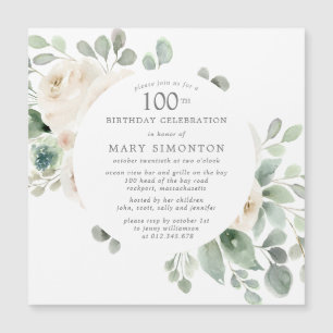 White Rose Floral Eucalyptus 100th Birthday Party Magnetische Uitnodiging