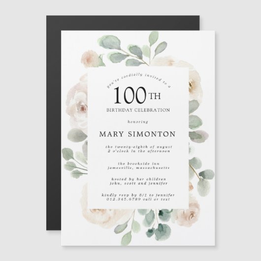 White Rose Floral Eucalyptus 100th Birthday Party Magnetische Uitnodiging (Voorkant / Achterkant)