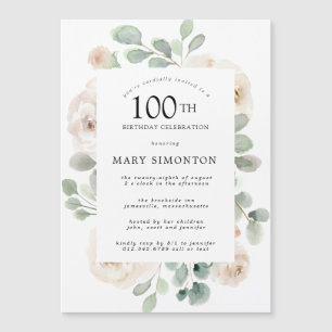 White Rose Floral Eucalyptus 100th Birthday Party Magnetische Uitnodiging