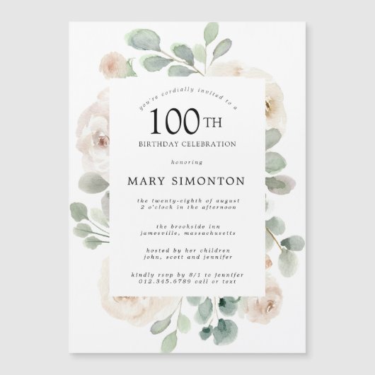 White Rose Floral Eucalyptus 100th Birthday Party Magnetische Uitnodiging (Voorkant)