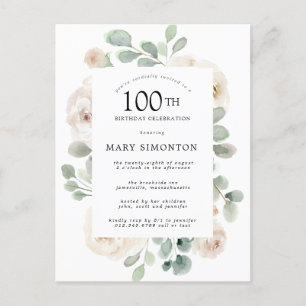 White Rose Floral Eucalyptus 100th Birthday Party Uitnodiging Briefkaart