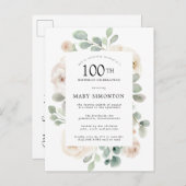 White Rose Floral Eucalyptus 100th Birthday Party Uitnodiging Briefkaart (Voorkant / Achterkant)