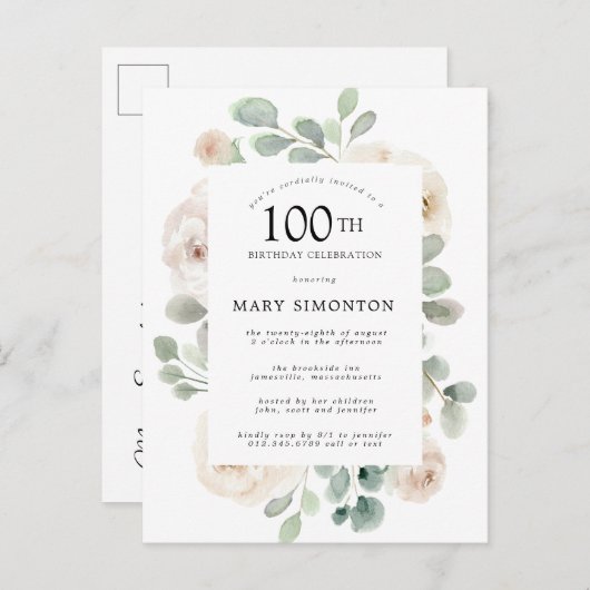 White Rose Floral Eucalyptus 100th Birthday Party Uitnodiging Briefkaart (Voorkant / Achterkant)