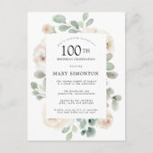 White Rose Floral Eucalyptus 100th Birthday Party Uitnodiging Briefkaart (Voorkant)