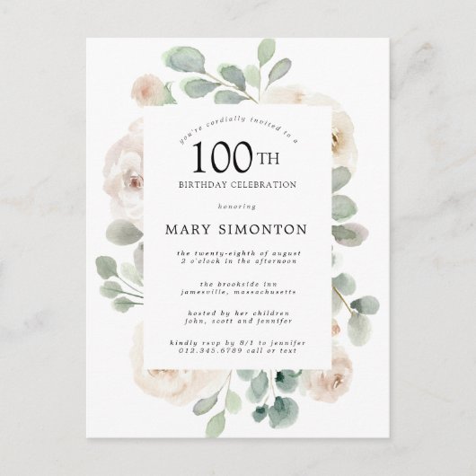 White Rose Floral Eucalyptus 100th Birthday Party Uitnodiging Briefkaart (Voorkant)