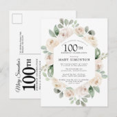 White Rose Floral Eucalyptus 100th Birthday Party Uitnodiging Briefkaart (Voorkant / Achterkant)