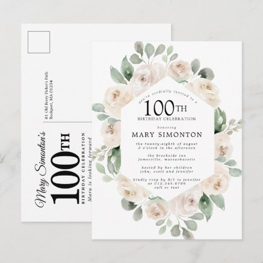 White Rose Floral Eucalyptus 100th Birthday Party Uitnodiging Briefkaart (Voorkant / Achterkant)