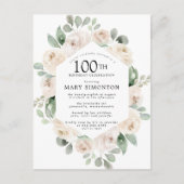 White Rose Floral Eucalyptus 100th Birthday Party Uitnodiging Briefkaart (Voorkant)