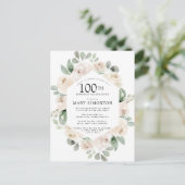 White Rose Floral Eucalyptus 100th Birthday Party Uitnodiging Briefkaart (Staand voorkant)