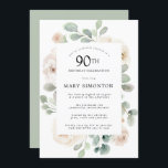 White Rose Floral Eucalyptus 90th Birthday Party Kaart<br><div class="desc">Eer een speciale vrouw met deze elegante 90th Birthday party uitnodiging. Witte rozen die in zachte,  groene eucalyptusbladeren zijn genestd,  vormen een modern botanisch lijst. Alle tekst kan worden bewerkt,  dus je kunt je speciale viering perfect beschrijven</div>