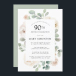 White Rose Floral Eucalyptus 90th Birthday Party Kaart<br><div class="desc">Eer een speciale vrouw met deze elegante 90th Birthday party uitnodiging. Witte rozen die in zachte,  groene eucalyptusbladeren zijn genestd,  vormen een modern botanisch lijst. Alle tekst kan worden bewerkt,  dus je kunt je speciale viering perfect beschrijven</div>