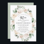 White Rose Floral Eucalyptus 90th Birthday Party Kaart<br><div class="desc">Eer een speciaal persoon met deze elegante uitnodiging van het 90e Birthday feest. Witte rozen die in zachte,  groene eucalyptusbladeren zijn genestd,  vormen een modern botanisch lijst. Alle tekst kan worden bewerkt,  dus je kunt je speciale viering perfect beschrijven</div>