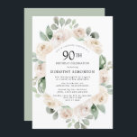 White Rose Floral Eucalyptus 90th Birthday Party Kaart<br><div class="desc">Eer een speciaal persoon met deze elegante uitnodiging van het 90e Birthday feest. Witte rozen die in zachte,  groene eucalyptusbladeren zijn genestd,  vormen een modern botanisch lijst. Alle tekst kan worden bewerkt,  dus je kunt je speciale viering perfect beschrijven</div>