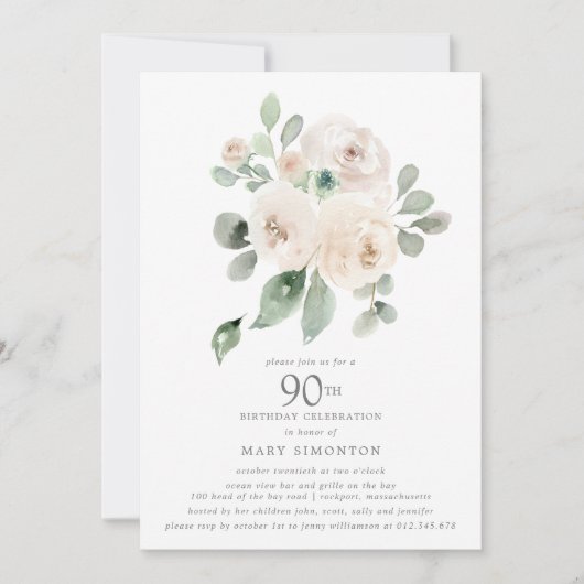 White Rose Floral Eucalyptus 90th Birthday Party Kaart (Voorkant)
