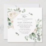 White Rose Floral Eucalyptus 90th Birthday Party Kaart<br><div class="desc">Eer een speciale vrouw met deze elegante 90th Birthday party uitnodiging. Witte rozen die in zachte,  groene eucalyptusbladeren zijn genestd,  vormen een modern botanisch lijst. Alle tekst kan worden bewerkt,  dus je kunt je speciale viering perfect beschrijven</div>