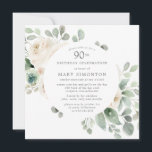 White Rose Floral Eucalyptus 90th Birthday Party Kaart<br><div class="desc">Eer een speciale vrouw met deze elegante 90th Birthday party uitnodiging. Witte rozen die in zachte,  groene eucalyptusbladeren zijn genestd,  vormen een modern botanisch lijst. Alle tekst kan worden bewerkt,  dus je kunt je speciale viering perfect beschrijven</div>