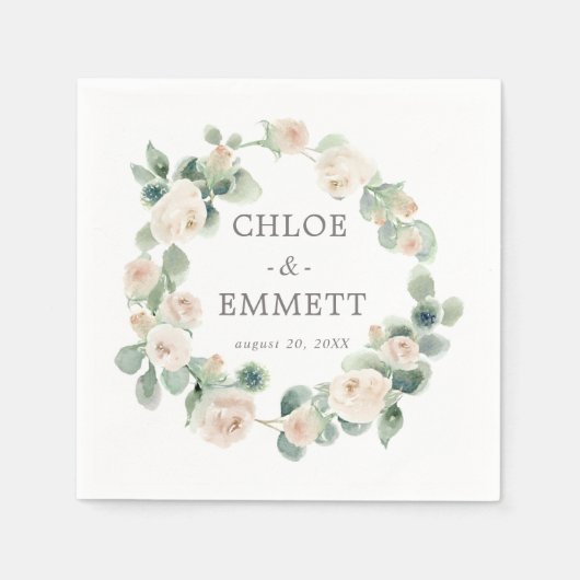 White Rose Floral Eucalyptus Wedding Napkins Servet (Voorkant)