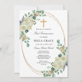 White Rose Floral First Heilige Communie Kaart (Voorkant)