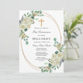 White Rose Floral First Heilige Communie Kaart (Staand voorkant)