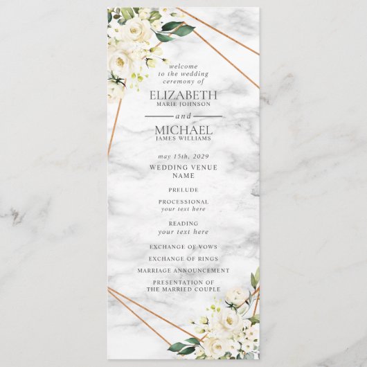 White Rose Floral Geometrisch Marmer Trouwprogramm Programmakaart (Voorkant)