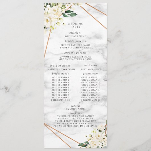 White Rose Floral Geometrisch Marmer Trouwprogramm Programmakaart (Achterkant)