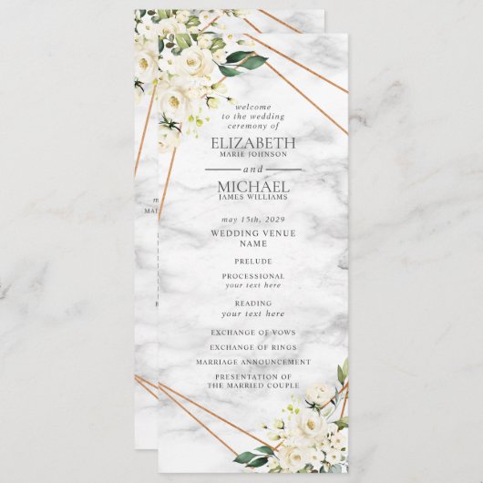 White Rose Floral Geometrisch Marmer Trouwprogramm Programmakaart (Voorkant / Achterkant)
