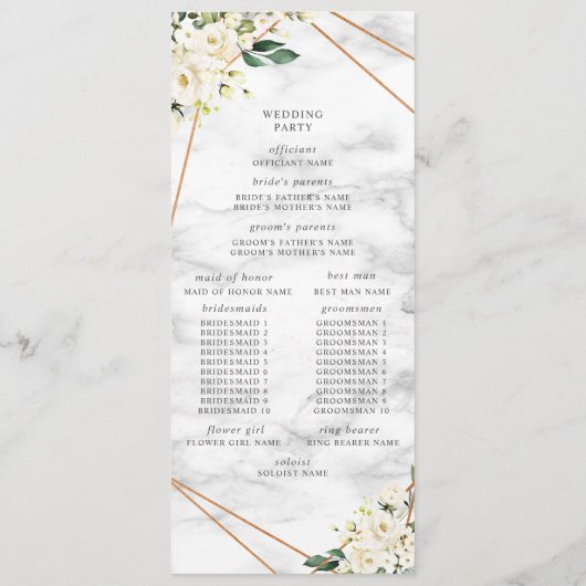 White Rose Floral Geometrisch Marmer Trouwprogramm Programmakaart (Achterkant)