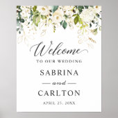 White Rose Floral Gold Leaves Weddenschap Welkom Poster (Voorkant)