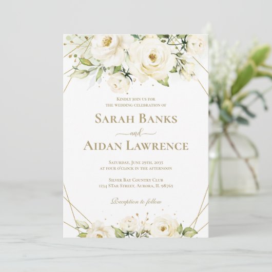 White Rose Floral Gold Lijst Wedding Kaart (Staand voorkant)