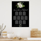 White Rose Floral on Black 10-Table Seating Chart Poster (Keuken)