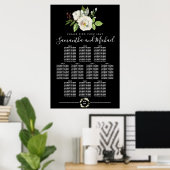 White Rose Floral on Black 10-Table Seating Chart Poster (Thuiskantoor)