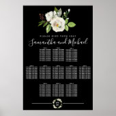 White Rose Floral on Black 11-Table Seating Chart Poster (Voorkant)
