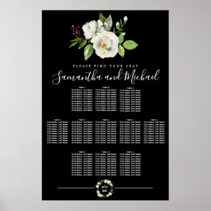 White Rose Floral on Black 11-Table Seating Chart Poster